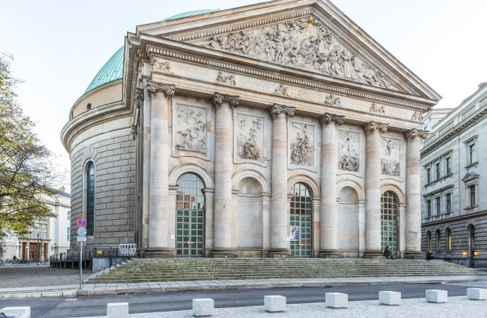 The facade of St. Hedwig's Cathedral is pictured in Berlin Nov. 3, 2017. The Archdiocese of Berlin says the expert commission on sexual abuse in the archdiocese has suspended its work for the time being. (Credit: Kristian Barthen/KNA via CNS.)