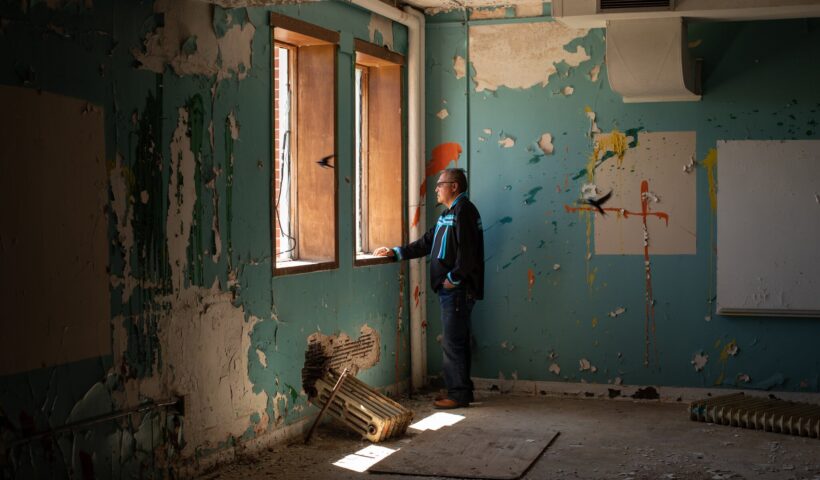 Ken Thomas at the Muskowekwan Indian Residential School, a part of a system of schools that were designed to sever Indigenous children from their culture, near Lestock, Saskatchewan.