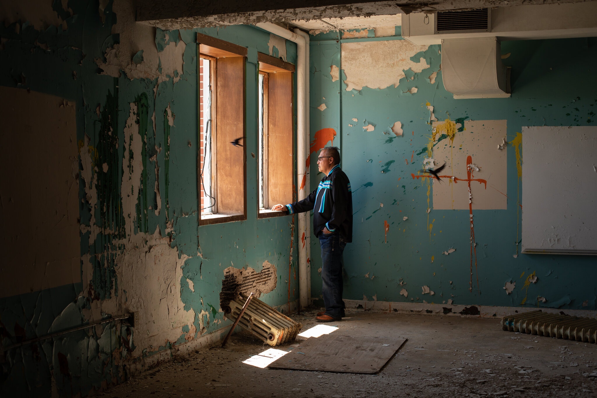 Ken Thomas at the Muskowekwan Indian Residential School, a part of a system of schools that were designed to sever Indigenous children from their culture, near Lestock, Saskatchewan.