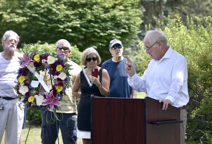 Retired priest Rev. James Scahill speaks during a graveside memorial service for Danny Croteau, the 13-year-old altar boy authorities determined was killed by his parish priest in 1972. The service was held at Danny's grave in Hillcrest Cemetery in Springfield, June 28, 2021. (Don Treeger / The Republican)