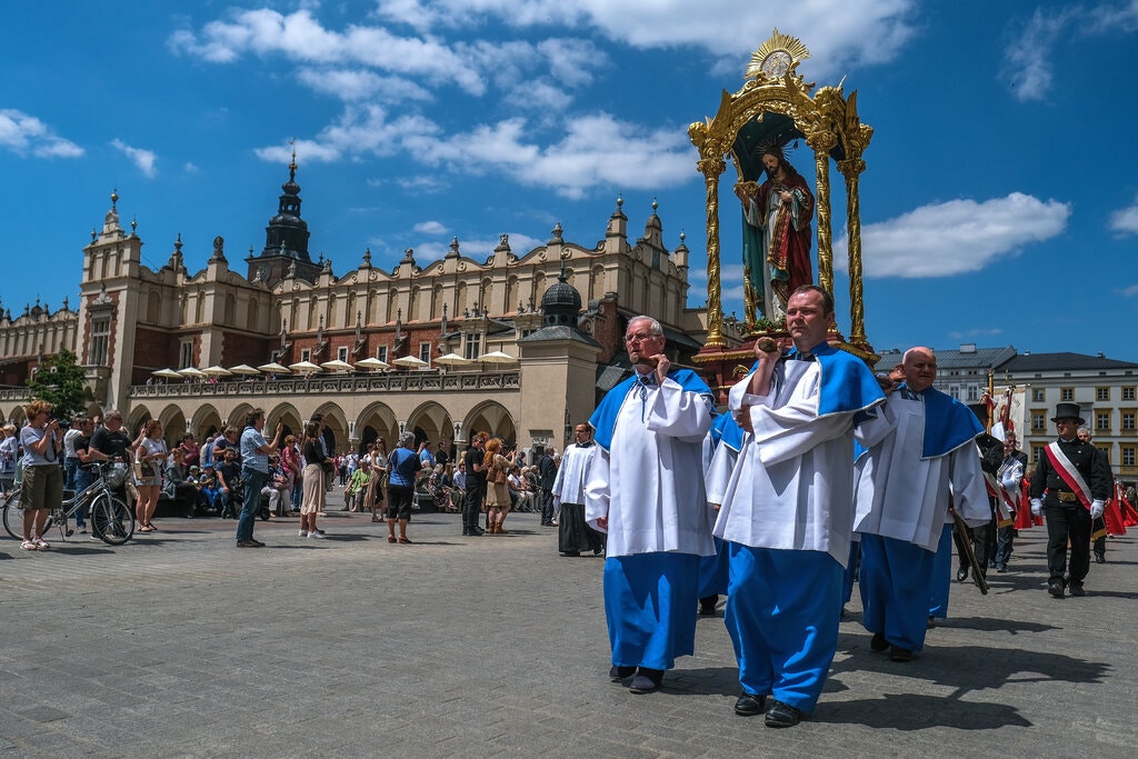 Polish Catholics celebrating a Corpus Christi holiday Mass in Krakow earlier this month. Credit. Omar Marques / Getty Images