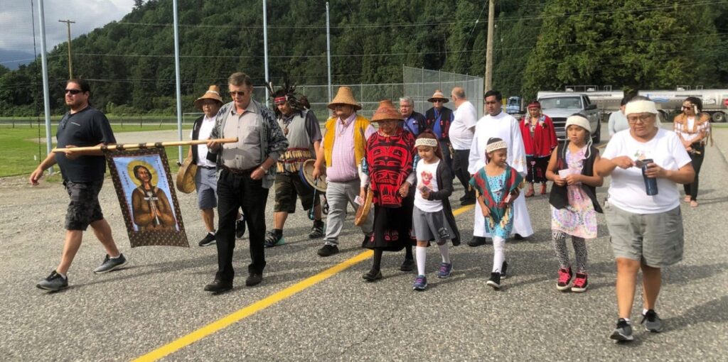 A walk in honour of Indigenous saint Kateri Tekakwitha in Agassiz. The Church needs to show First Nations people it came to serve, not take advantage of people, writes Deacon Jamie Meskas, who works with First Nations in the Archdiocese of Vancouver. (Contributed photos)