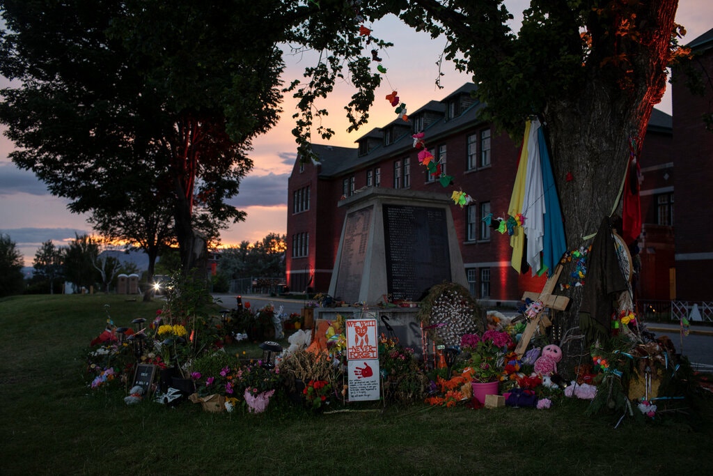 A memorial for the 215 children whose remains were discovered in May near the Kamloops Indian Residential School, in Kamloops, British Columbia.Credit...Amber Bracken for The New York Times