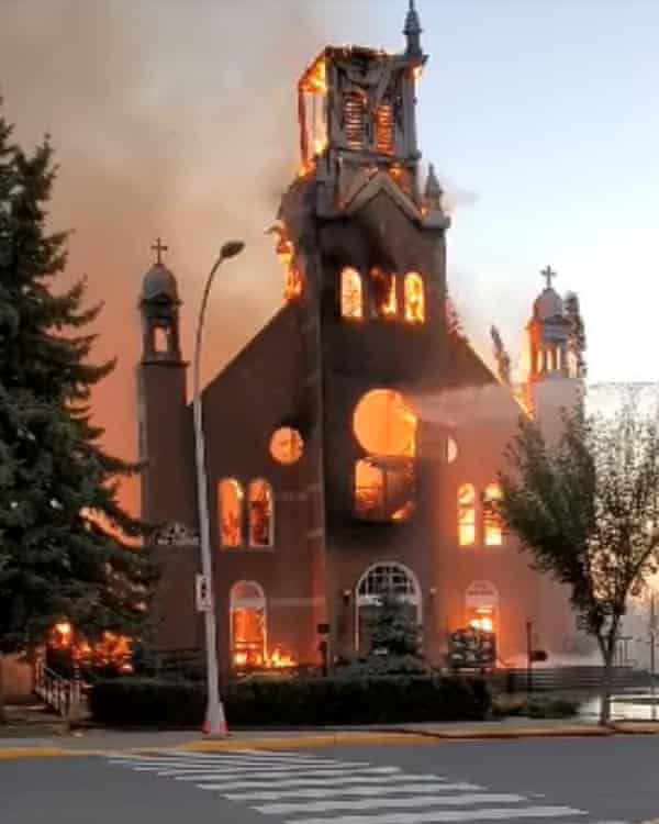 Fire destroys a Catholic church in Morinville, Alberta, this week. Photograph: Diane Burrel / Reuters