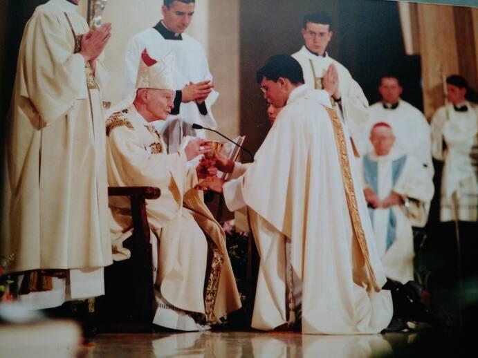 Cardinal Theodore McCarrick ordains Father Mark White in 2003.  PHOTO SUBMITTED