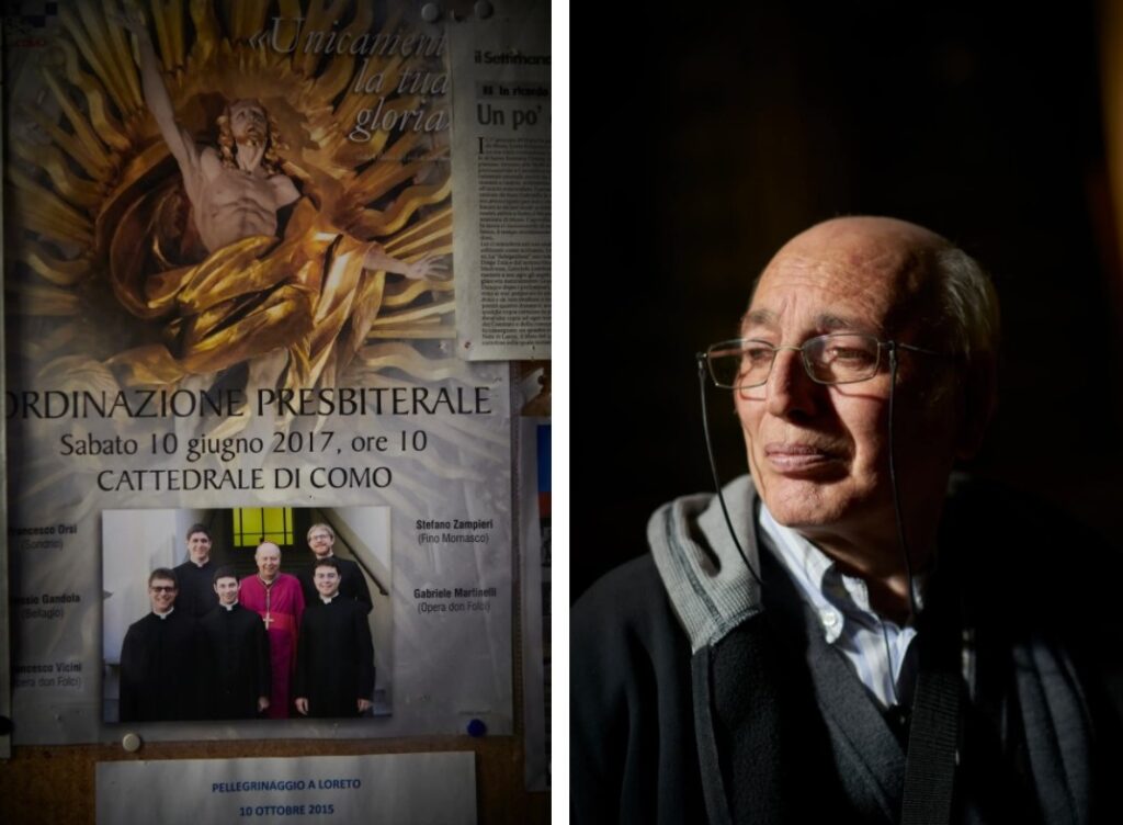 LEFT: A poster announcing the ordination of Gabriele Martinelli and other seminarians hangs inside a church in his hometown, Lanzo d'Intelvi, Italy. RIGHT: Gian Pietro Rigamonti, another Opera priest who attended the St. Pius X youth seminary when he was young, said Martinelli had barely settled in before telling parishioners he was going on a "spiritual retreat." (Chiara Goia for The Washington Post)