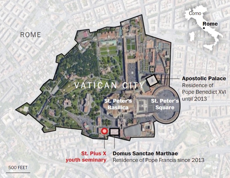 Satellite photo of Vatican City, showing St. Pius X youth seminary near Domus Sanctae Marthae, residence of Pope Francis since 2013.