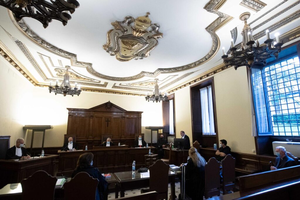 This Oct. 14, 2020, file photo shows the Vatican City State criminal court during the opening of the trial of Father Gabriele Martinelli and Msgr. Enrico Radice. Father Martinelli is accused of repeatedly sexually abusing a younger student at the Vatican's St. Pius X Pre-Seminary. At the trial, Vatican prosecutor Roberto Zanotti recommended the priest be sentenced to six years in prison. (CNS photo/Vatican Media)