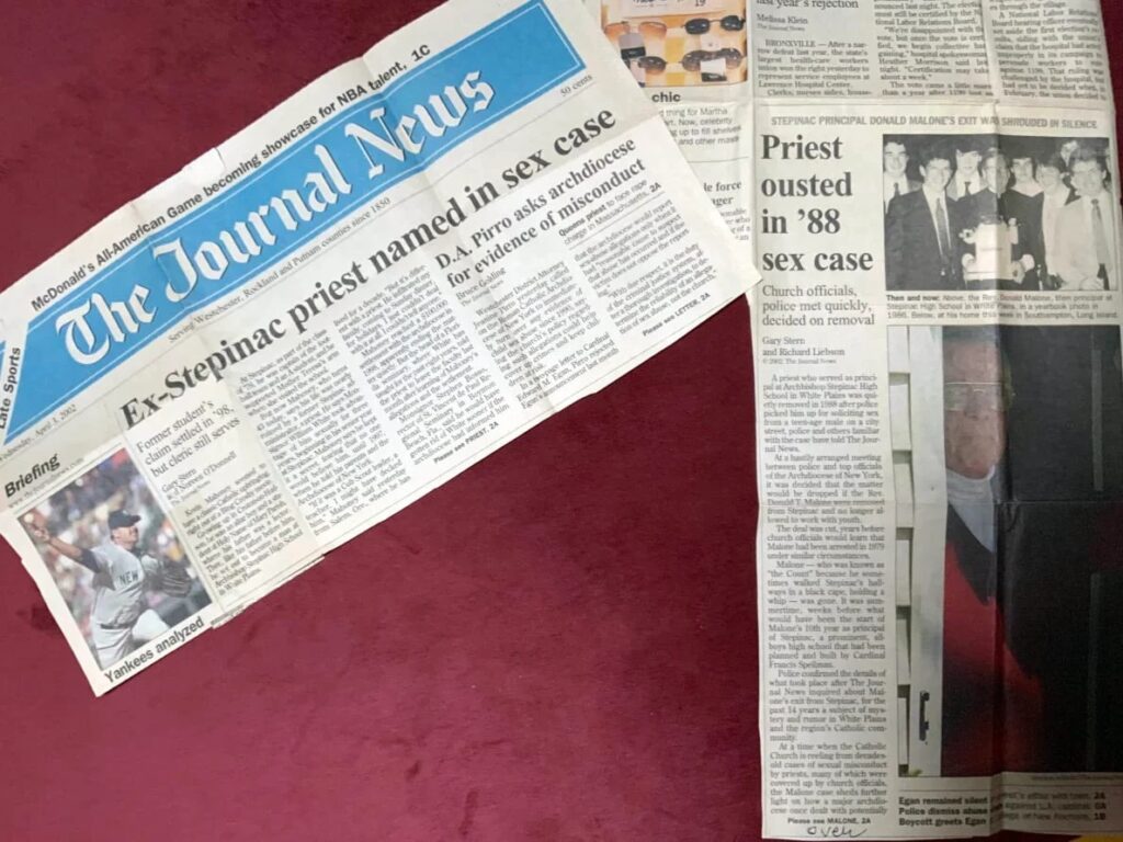 Journal News articles that tipped off the author to her late husband’s abuse by a priest.  Courtesy Jenny Grosvenor