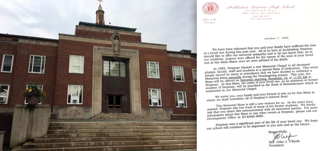 Left: The Stepinac front steps. Right: The condolence letter sent to the author by Stepinac President, John J. O’Keefe, who would later be convicted of child abuse and defrocked.  Courtesy Jenny Grosvenor