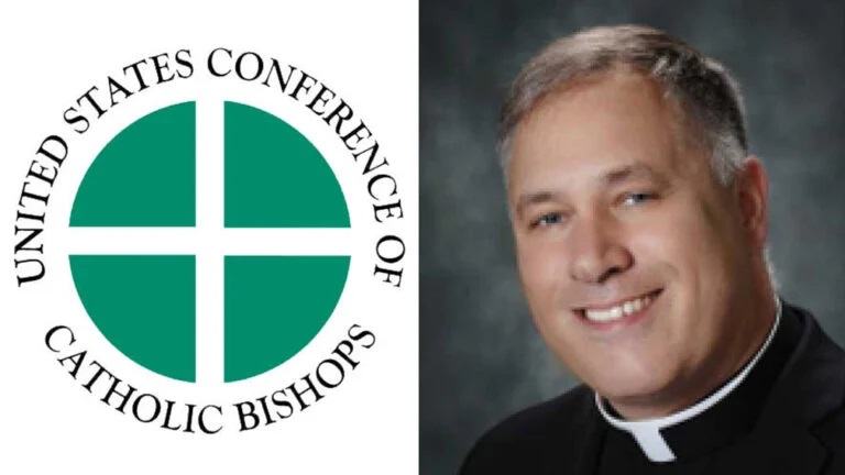 The United States Conference of Catholic Bishops logo and Monsignor Jeffrey Burrill. Images via USCCB