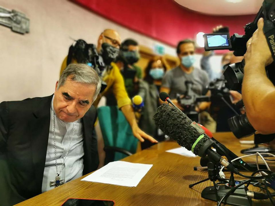 Cardinal Giovanni Angelo Becciu speaks with journalists during a media conference in Rome Sept. 25, 2020. The cardinal told journalists he was asked by Pope Francis Sept. 24 to resign as prefect of the Congregation for Saints' Causes and renounce the rights associated with being a cardinal due to an embezzlement investigation involving Vatican funds and a charitable organization run by his brother. (CNS / Junno Arocho Esteves)