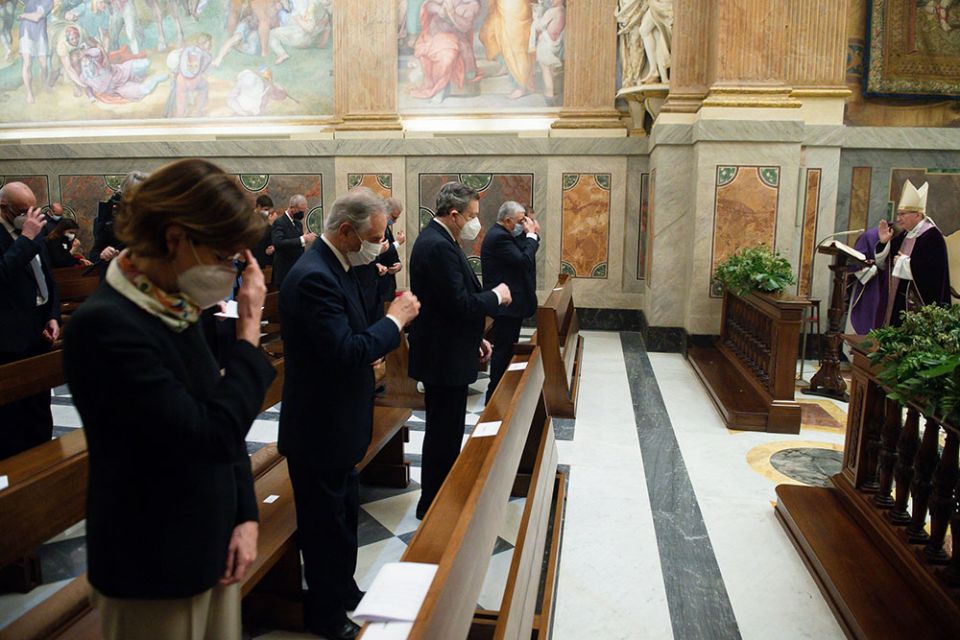 Cardinal Pietro Parolin, Vatican secretary of state, gives a blessing as he celebrates a Mass for the opening of the 92nd judicial year of the Vatican City State court, in the Pauline Chapel at the Vatican March 27. (CNS / Vatican Media)