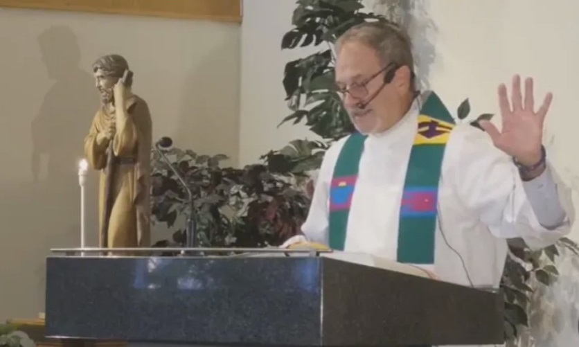 Father Rhéal Forest delivers a sermon at St. Emile Roman Catholic Church in Winnipeg on July 10, one of several in which he made unfounded accusations about residential school survivors. (St. Emile Parish / Facebook)