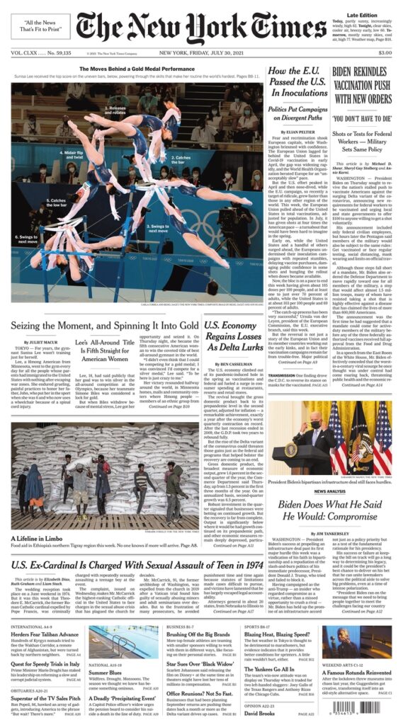 New York Times, July 30, 2021, Front Page