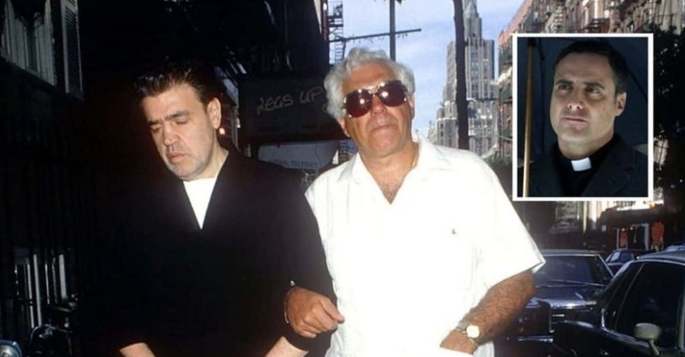 Father Louis Gigante (R) is the brother of late Vincente 'Chin' Gigante (L), the convicted mob boss of the Genovese crime family (Photo by Yvonne Hemsey / Getty Images) Inset - Dominic Fumusa as Father Gigante in 'Godfather of Harlem' (Disney+)