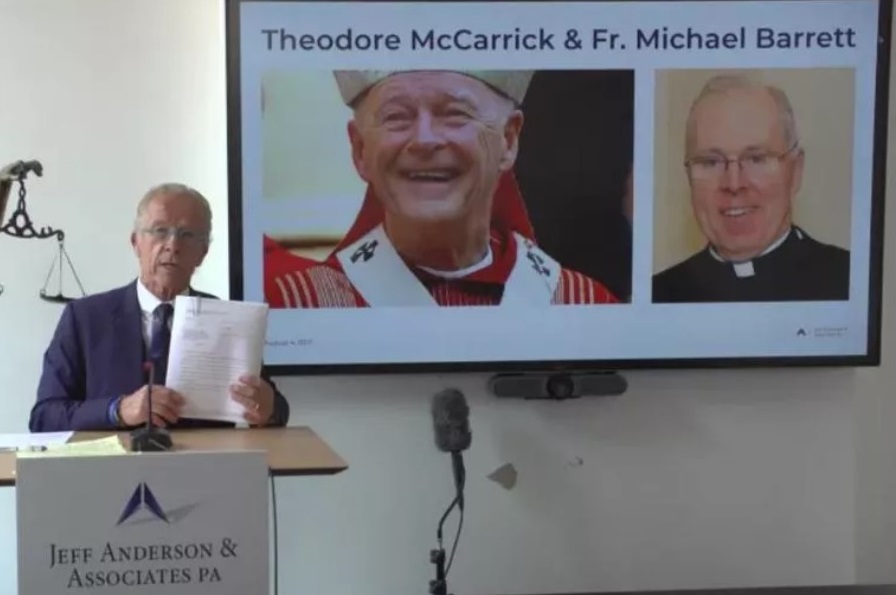 Above is a screenshot of the Jeff Anderson & Associates press conference [Showing Jeff Anderson, Theodore McCarrick, and Fr. Michael Barrett.]  (photo: Jeff Anderson & Associates via CNA)