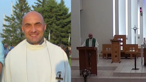 REV. MARCIN MIRONIUK WAS FILMED ON JULY 18 CALLING NEWS OF UNMARKED GRAVES AT RESIDENTIAL SCHOOLS "HUGE LIES." PHOTOS BY OUR LADY QUEEN OF POLAND PARISH WEBSITE (LEFT) AND YOUTUBE (RIGHT)