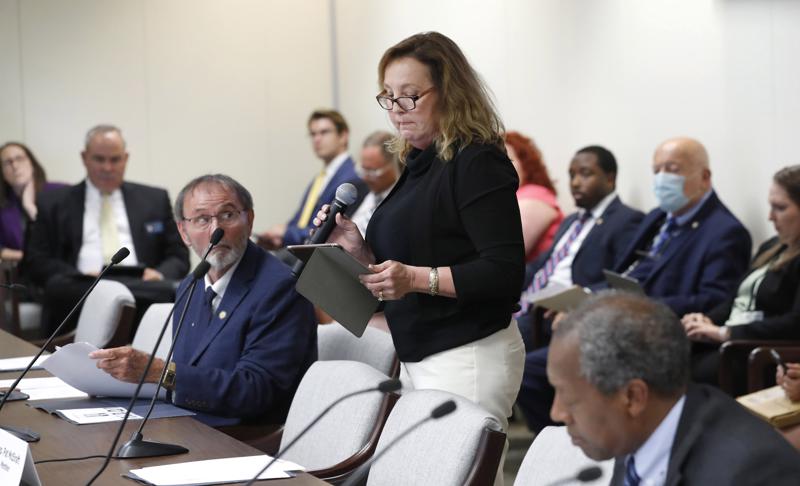 Judy Wiegand speaks during a House Judiciary Committee meeting in Raleigh, N.C., Tuesday, June 22, 2021. Wiegand, who was married when she was 13, was speaking in favor of Senate Bill 35, which would raise the minimum age to be married to 16. (Ethan Hyman / The News & Observer via AP)