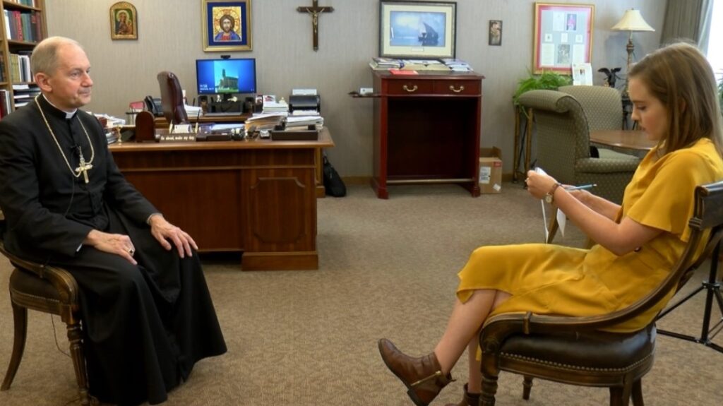 Bishop Thomas Paprocki sits down to interview with Target 3 investigators in his office at the Diocese of Springfield.