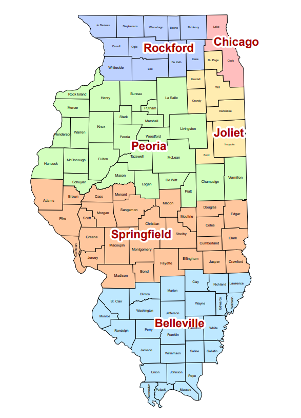 Map of the six dioceses in Illinois. Source: ILCatholic.org