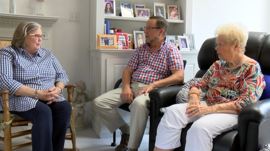 Vicki Schmidt, Pat Fleming, and Sue Lauber-Fleming catch up at the Flemings home outside of St. Louis, Missouri.