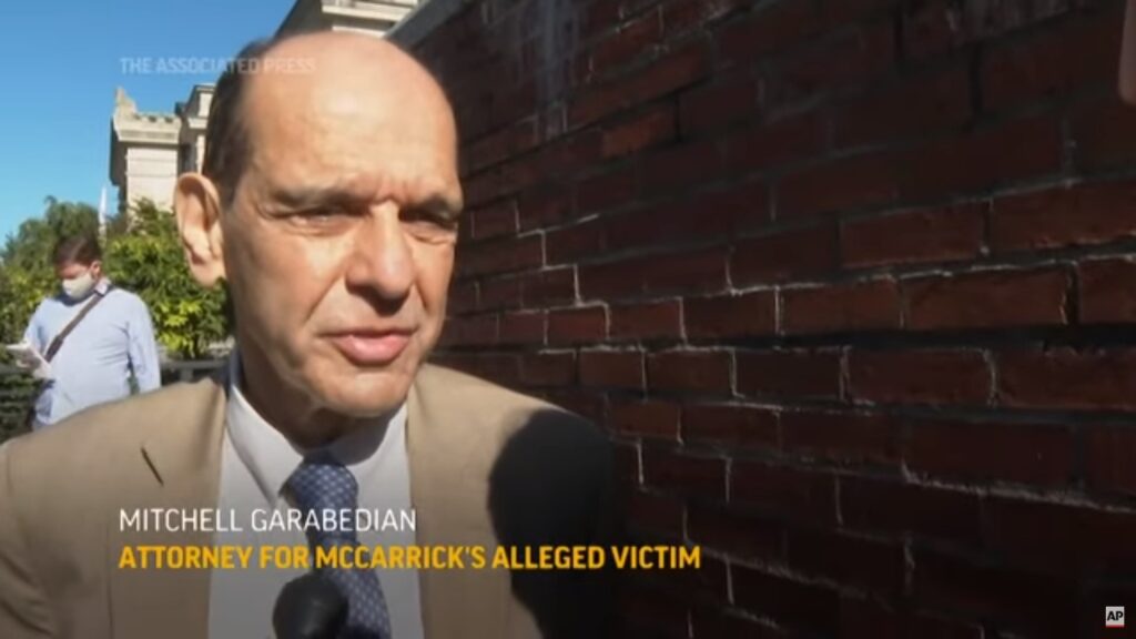 Mitchell Garabedian, attorney for McCarrick's alleged victim, speaks with reporters. Still from AP video.