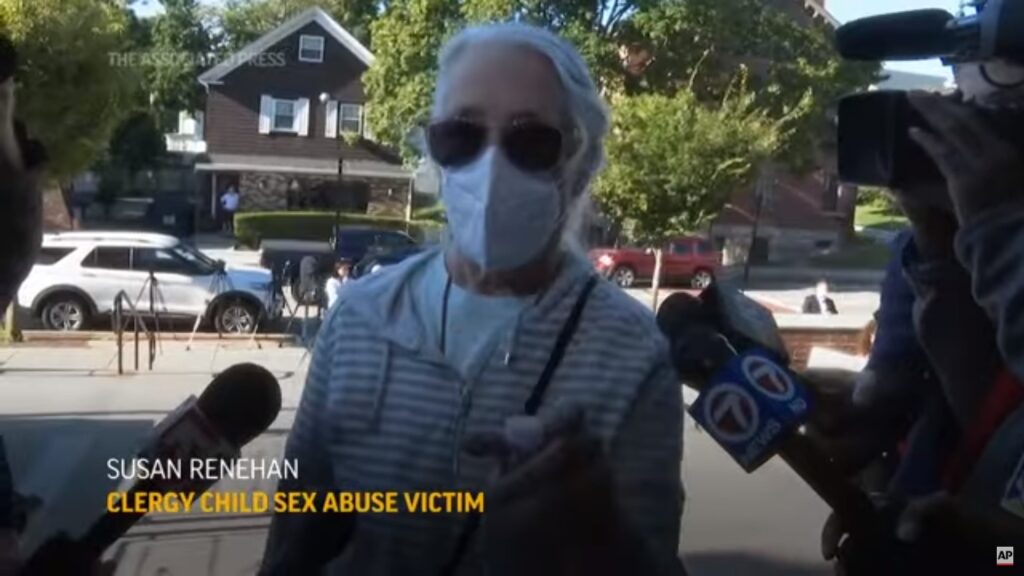 Susan Renehan, survivor of clergy abuse in Sea Girt NJ, speaks with reporters about McCarrick. Still from AP video.