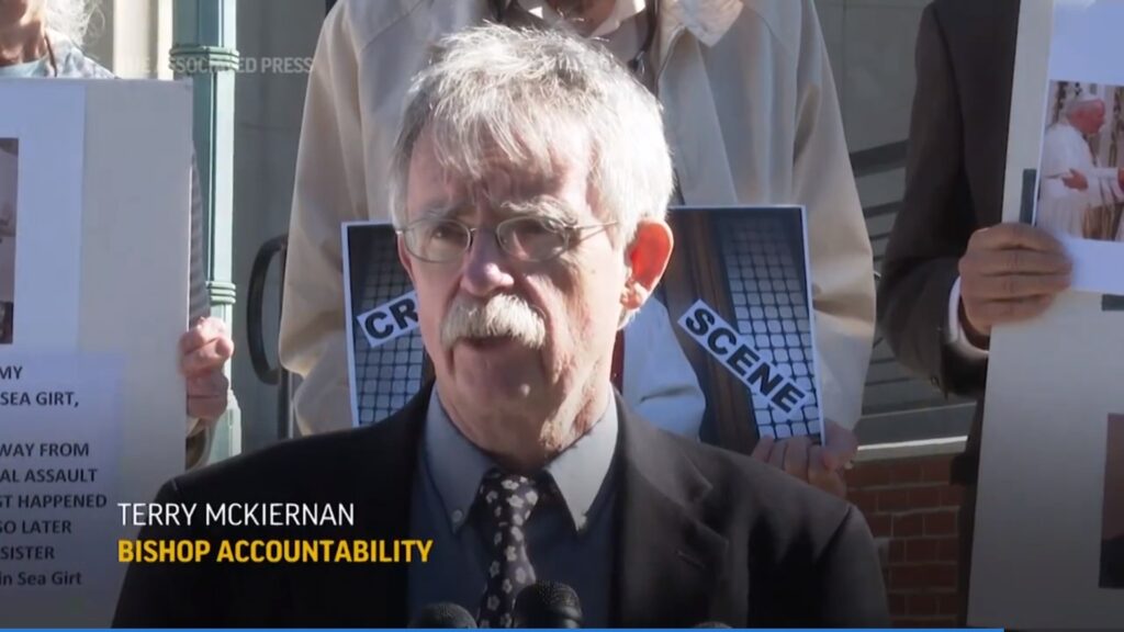 Terence McKiernan, president of BishopAccountability.org, speaks at the organization's press conference about the McCarrick arraignment and other bishops accused of child abuse. Still from AP video.