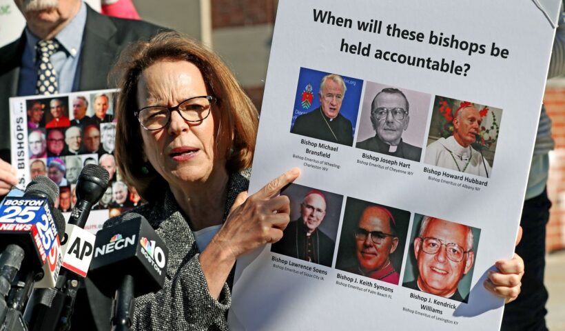 Anne Barrett Doyle, Co-Director of Bishop Accountability spoke on the Catholic abuse outside at Dedham District Court. David L. Ryan / Globe Staff