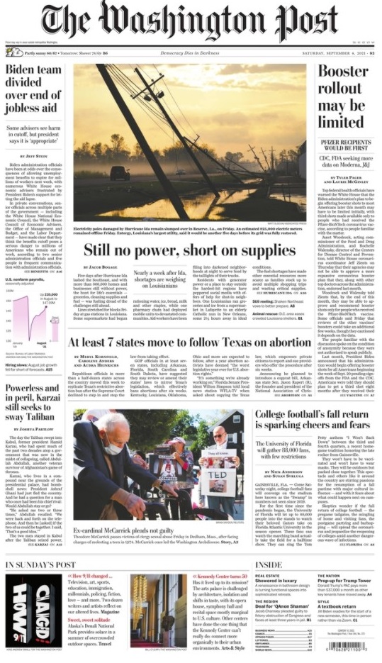 Washington Post, September 4, 2021, showing photograph of Theodore McCarrick, Ruth Moore, and Skip Shea.