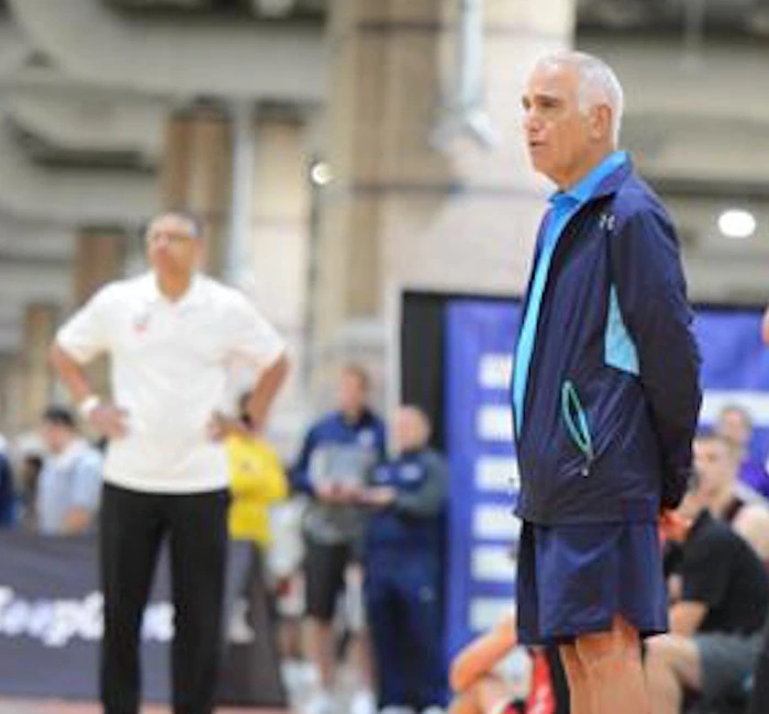 Coach Tony Sagona, at right, at the Atlantic City Convention Center during the Hoop Group's Atlantic City Jam Fest, July 2018. (Josh Verlin/City of Basketball Love for the Staten Island Advance)
