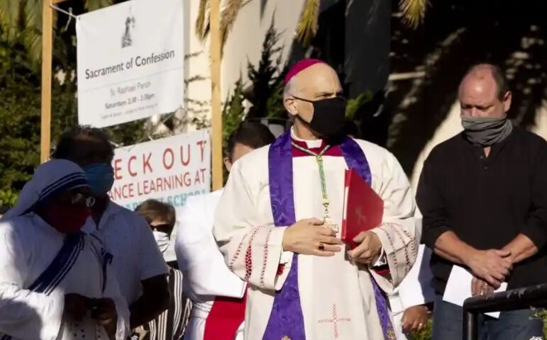 Salvatore Cordileone, the San Francisco archbishop, has asked Gavin Newsom to stop efforts to permanently remove a statue of Father Junípero Serra from the state’s capitol. Photograph: Jessica Christian / AP