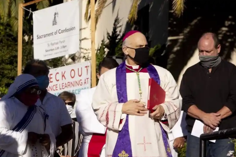 Salvatore Cordileone, the San Francisco archbishop, has asked Gavin Newsom to stop efforts to permanently remove a statue of Father Junípero Serra from the state’s capitol. Photograph: Jessica Christian / AP