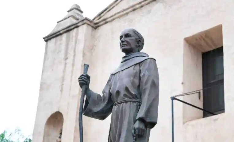 Father Junípero Serra is known as the founder of California’s mission system, in which Native Americans were subjected to violence and forced labor. Photograph: Frederic J Brown/AFP / Getty Images