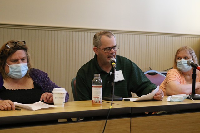 COLIN FLANDERS ©️ SEVEN DAYSFormer St. Joseph's residents speaking at Thursday's press conference