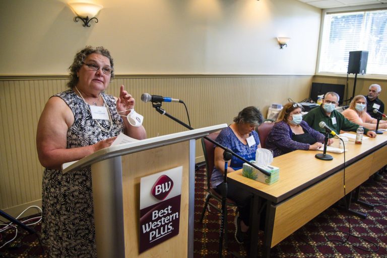 Linda Baker Crossman, a member of The Voices of St. Joseph’s Orphanage and a survivor of abuse when at the orphanage as a child, speaks during the press conference. Photo by Glenn Russell/VTDigger