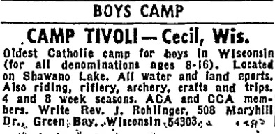 An advertisement in the Chicago Sun-Times in 1968 for Camp Tivoli. The listed contact was the Rev. Joseph Rohlinger, who decades later landed on the Norbertine order’s list of sexually abusive clergy.