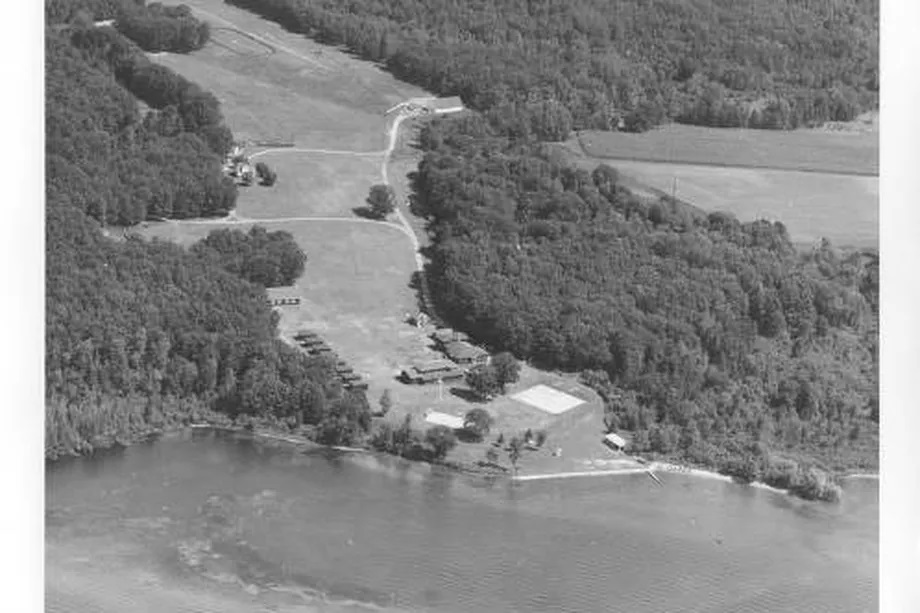 An aerial view of Camp Tivoli on Shawano Lake, Wis., a summer camp run by the Norbertine order of priests from 1925 until the early 1980s. St. Norbert College