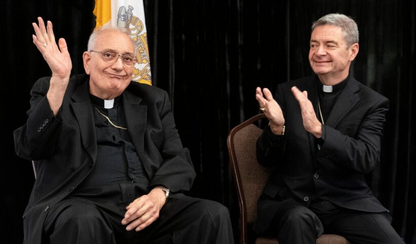 Bishop Brennan, right, declined to address the civil lawsuits against Bishop DiMarzio, left, who has been accused of sexually abusing two boys in the 1970s. John Minchillo / Associated Press