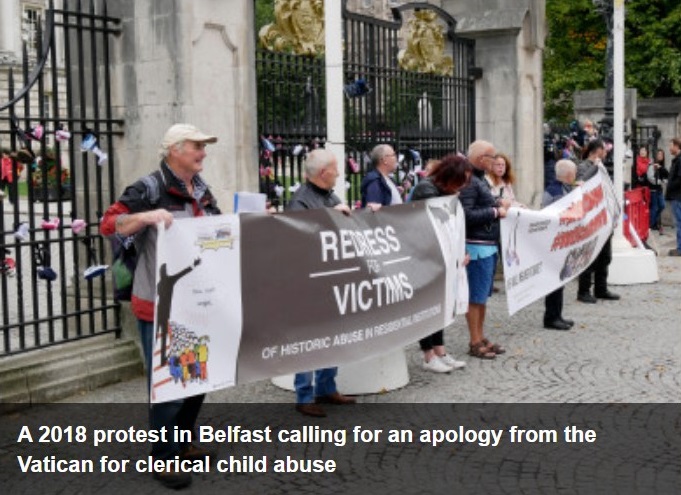A 2018 protest in Belfast calling for an apology from the Vatican for clerical child abuse.  J. Orr / Alamy Live News