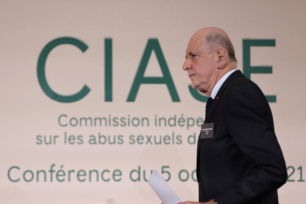 Commission president Jean-Marc Sauve arrives during the publishing of a report by an independant commission into sexual abuse by church officials (Ciase), Tuesday, Oct. 5, 2021, in Paris. A major French report released Tuesday found that an estimated 330,000 children were victims of sex abuse within France's Catholic Church over the past 70 years, in France's first major reckoning with the devastating phenomenon. (Thomas Coex, Pool via AP)