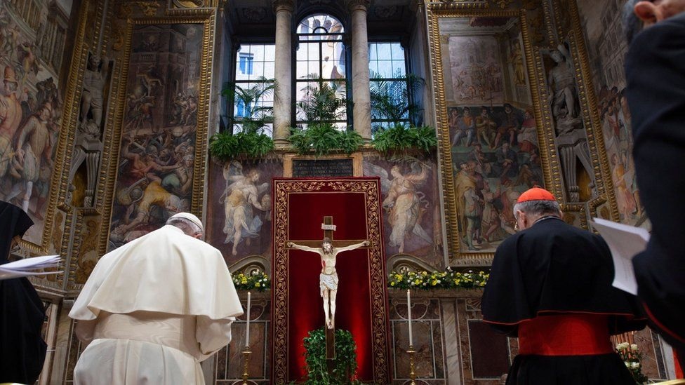 Pope Francis prays during a Eucharistic celebration in the Vatican, on the final day of a summit on sexual abuse in the Catholic Church / AFP