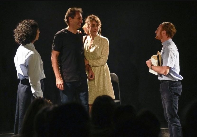 Actors from left to right, Alexandra Massamiri, Laurent Marinez, Carmen Vadillo and Olivier Wendell-Douglas perform the play "Pardon?" at "Theo Theater" in Paris, Thursday, Oct. 7, 2021. French author and actor Laurent Martinez has been sexually abused by a priest. Over forty years later, he has chosen to make his story a theater play to show the devastating consequences and how speaking out can help overcoming the trauma. The play called "Pardon?" is deeply inspired from the Martinez's own life, describing how he felt devoured from the inside and the difficulties of daily life after being abused. (AP Photo / Michel Euler)