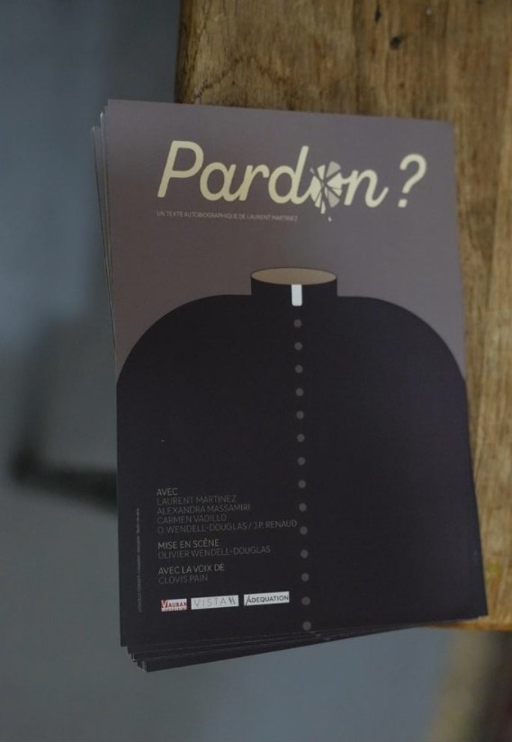 Flyers of the play "Pardon?" written by actor and author Laurent Martinez are seen on the table at "Theo Theater" in Paris, Thursday, Oct. 7, 2021. French author and actor Laurent Martinez has been sexually abused by a priest. Over forty years later, he has chosen to make his story a theater play to show the devastating consequences and how speaking out can help overcoming the trauma. The play called "Pardon?" is deeply inspired from the Martinez's own life, describing how he felt devoured from the inside and the difficulties of daily life after being abused. (AP Photo / Michel Euler)