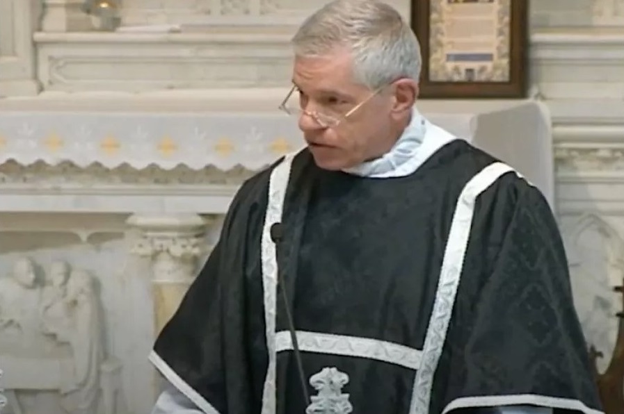 Father James Jackson, FSSP, delivers the homily at the funeral Mass for Eric Talley, March 29, 2021, at the Cathedral Basilica of the Immaculate Conception in Denver, Colo. (photo: Screenshot of FSSP / Youtube)