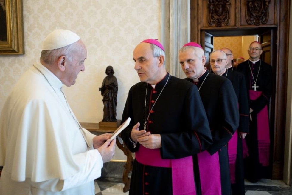 Pope Francis greets Polish bishops at the Vatican Oct. 12, 2021, during their "ad limina" visit to Rome. (CNS photo / Vatican Media)