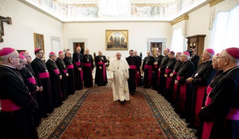 Pope Francis meets with Polish bishops at the Vatican Oct. 12 during their ad limina visit to Rome. In recent months 10 Polish bishops, mostly retired, have been disciplined for ignoring sex abuse complaints. (CNS / Vatican Media)
