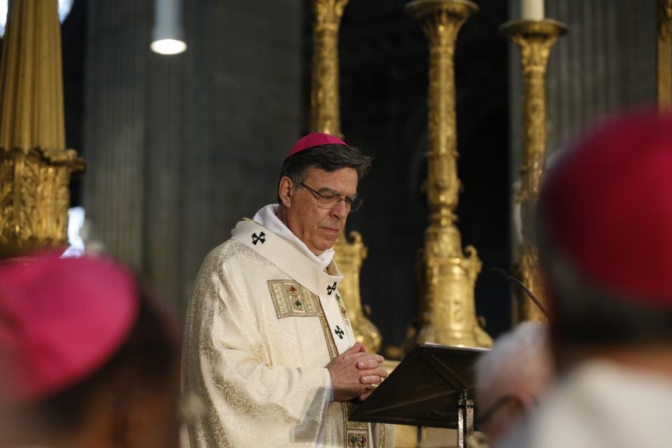 Archbishop Michel Aupetit of Paris celebrates the annual chrism Mass at historic St. Sulpice Church April 17, 2019, in the wake of the massive fire that seriously damaged the historic Notre Dame Cathedral. (CNS photo/Paul Haring)
