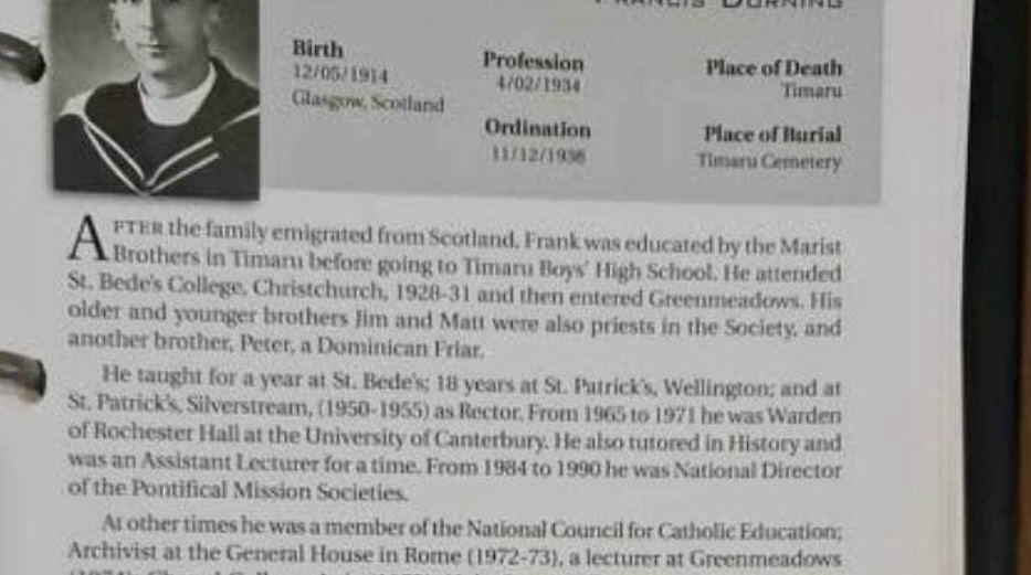 The biography of accused Catholic paedophile Frank Durning, which was on display at the Mission Estate until last week. Supplied / Stuff